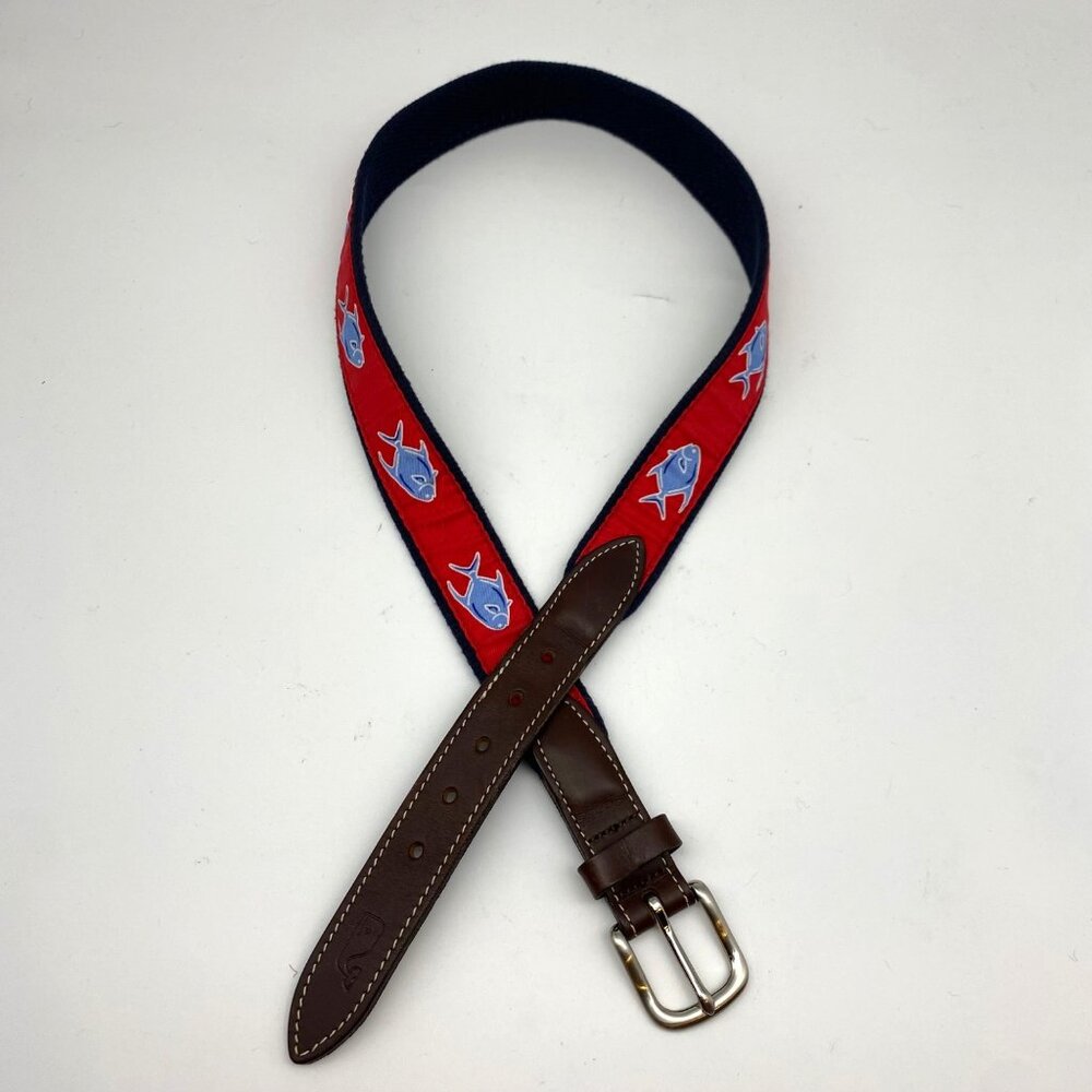 Vineyard Vines Fish Belt Sz 30 Fabric Leather Made USA Red Blue Preppy Shep Ian